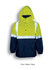 A unisex hi-vis jacket in fluro yellow and navy, featuring reflective tape and a hood. Includes pockets and branding.