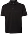A black short-sleeve polo shirt with a collar and three buttons, featuring a logo.
