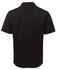 A black polo shirt featuring a classic collar and short sleeves, with a logo on the back.