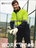 A unisex hi-vis soft shell jacket in fluorescent yellow and navy, featuring reflective tape, with a model wearing it.