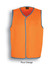 A high-visibility safety vest in fluro orange with blue trim, featuring a logo.