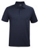 A navy blue polo shirt featuring a collar, buttons, and a logo on the chest.