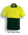 A short sleeve hi-vis polo shirt in fluro yellow and bottle green, featuring a pocket and a logo.