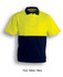 A Fluro Yellow and Navy unisex polo shirt with short sleeves, featuring a chest pocket and a logo.