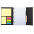 A black spiral-bound notebook with blank pages, sticky notes in yellow, blue, green, and pink, and a pen.