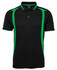 A black polo shirt featuring green accents and a logo on the chest. Suitable for promotional use.