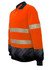 A bright orange long-sleeve polo shirt featuring reflective stripes and a dark navy contrast at the bottom, with a logo.