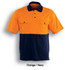 Unisex hi-vis polo shirt in bright orange and navy with two front pockets and a logo.