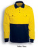 A long-sleeve polo shirt in yellow and navy with a logo and two chest pockets.