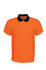 A bright orange polo shirt with a black collar and stitched detailing, featuring a logo on the chest.