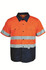 A short-sleeved, unisex hi-vis cotton drill shirt in orange and navy, featuring reflective tape and a logo.