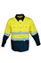 A unisex long-sleeve cotton drill shirt in bright yellow and navy, featuring reflective tape and a logo.