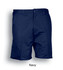 Navy unisex cotton drill work shorts with a button closure and side pockets, featuring a logo.