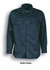 A bottle green unisex long sleeve cotton drill work shirt with two chest pockets and a branded tag.