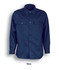 Navy unisex cotton drill work shirt with long sleeves and two chest pockets, featuring a logo.