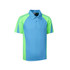 A vibrant blue and green polo shirt featuring a contrasting design and a collar. The shirt has a logo on it.