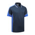 A navy blue polo shirt with blue sleeves and white trim, featuring a collar and three buttons, and a logo.