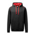 A black hoodie with a contrasting red inner lining and drawstrings, featuring a front pocket and branding.
