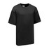 An oversized black t-shirt with a relaxed fit and short sleeves, featuring a logo on the label.