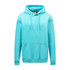 A turquoise hoodie with a front pocket and a drawstring hood, featuring a logo on the front.