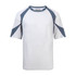 A three-tone contrast sports tee in white with grey accents and short sleeves. It features a logo on the front.