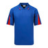 A blue polo shirt with red accents and a logo on the chest. It features short sleeves and a collared neck.