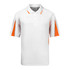 A white polo shirt with orange accents, featuring a collar and short sleeves. It has a logo on the chest.