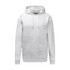 A light grey hoodie with a front pocket and drawstring hood. The garment features a logo on the chest area.