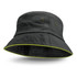 A black bucket hat with a coloured lime green trim and eyelets for ventilation. It features a circular design.
