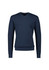 A navy knitted jumper featuring a V-neck design and long sleeves, complete with a branded logo.