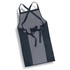 A denim bib apron featuring shades of dark blue and grey, with a waist tie and crossed back straps.