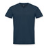 A dark blue men's V-neck T-shirt with short sleeves and a logo on the neckline.