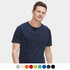 A navy blue sporty men's T-shirt with short sleeves, featuring a logo and available in various other colours.