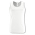 A white women's tank top with a round neckline, featuring a logo at the top.