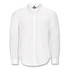 A white long sleeve button-up shirt with a collar and one logo on the chest.