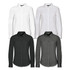 Long sleeve button-up shirts in white and dark grey with a button closure and collar. Features branding on the shirts.