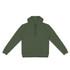 A unisex hoodie in olive green with a front pocket and a hood, featuring a brand logo.
