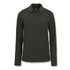 A long sleeve polo shirt in dark green with a collar and a logo.