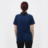 A navy blue women's polo shirt with a smooth fabric and a collar, featuring a branding logo.