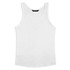 A white women's tank top with a round neck and no sleeves, featuring a logo on the label.