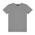 A grey youth t-shirt with short sleeves, featuring a simple design and a logo on the label.