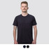 A black men's sports T-shirt with a round neck and short sleeves, featuring a logo.