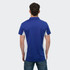 A blue and white men's polo shirt with short sleeves, featuring a logo on the back.
