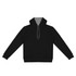 A black unisex hoodie with a contrasting grey interior, featuring a front pocket and a drawstring hood.