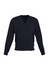 A dark grey knitted pullover featuring a V-neck design and long sleeves, with a brand logo present.