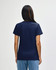 A navy blue ladies' midweight t-shirt featuring a branding logo on the back, worn by a model.