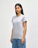 A grey midweight T-shirt for ladies, featuring short sleeves and a fitted silhouette. It includes a logo.