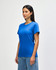A blue midweight ladies' T-shirt featuring a round neckline and short sleeves, displayed by a smiling model.