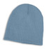 A Nebraska Cable Knit Beanie in a soft blue hue, featuring a ribbed texture for warmth and comfort.