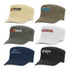 A selection of military style caps in beige, olive green, white, and navy, featuring various logos.